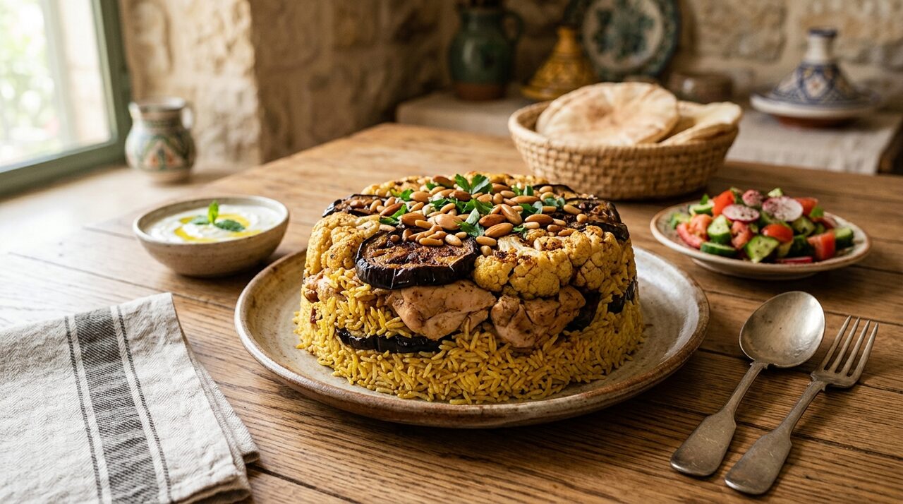 مقلوبة الدجاج بالباذنجان والزهرة